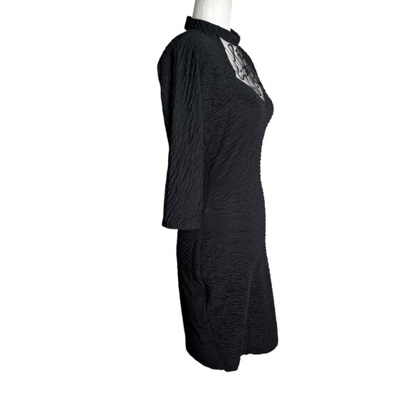 Vintage Textured Bodycon Dress Small Black Open Back 3/4 Sleeve Stretch Knit - Picture 8 of 11
